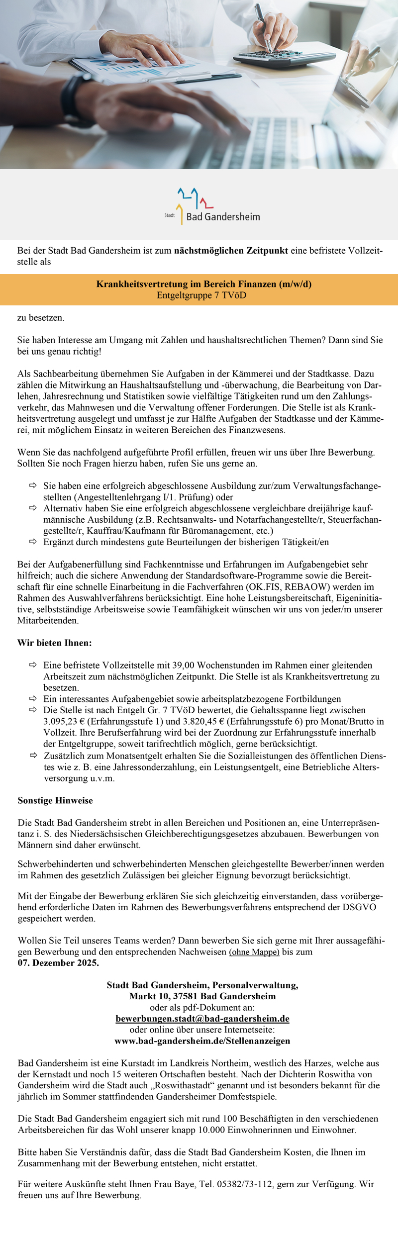 Krankheitsvertretung im Bereich Finanzen (m/w/d) - Stadt Bad Gandersheim