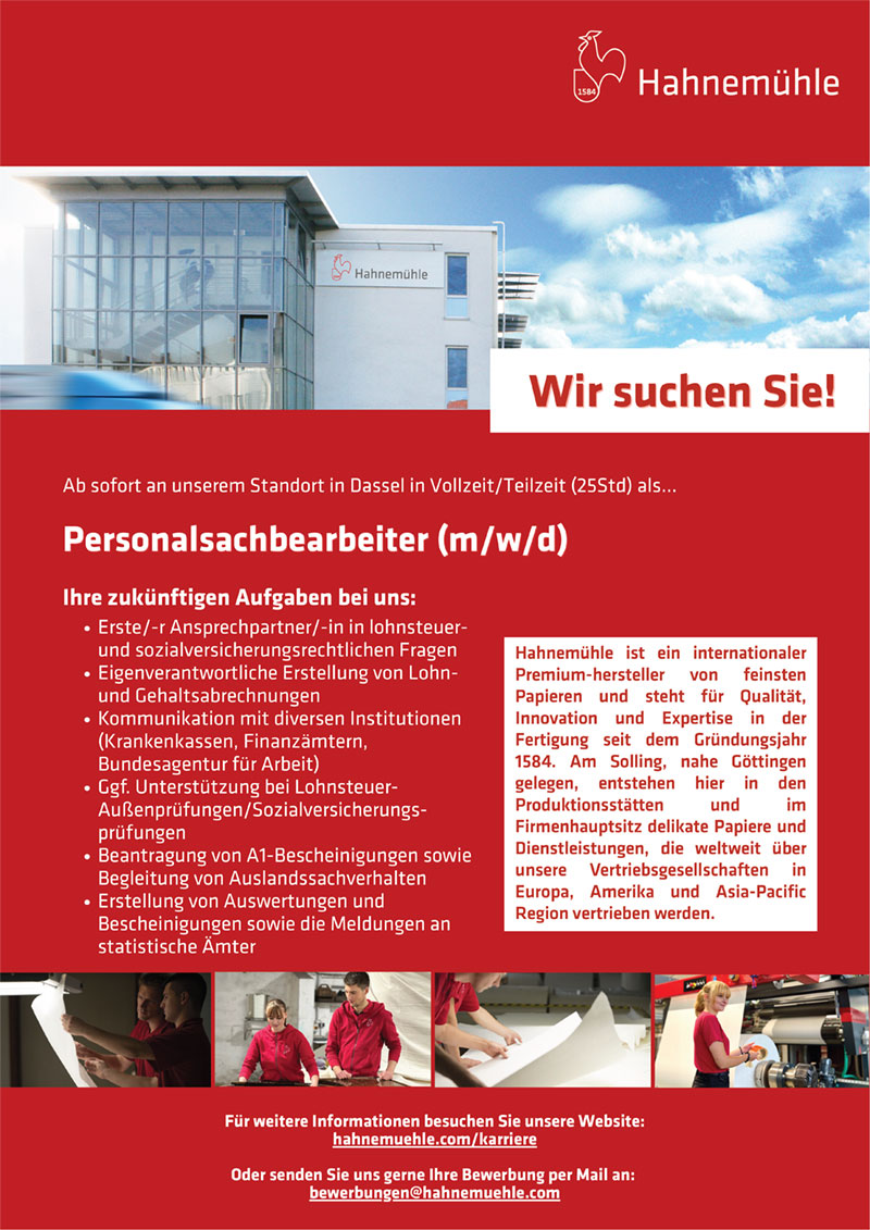 Personalsachbearbeiter/in - Hahnemühle FineArt GmbH