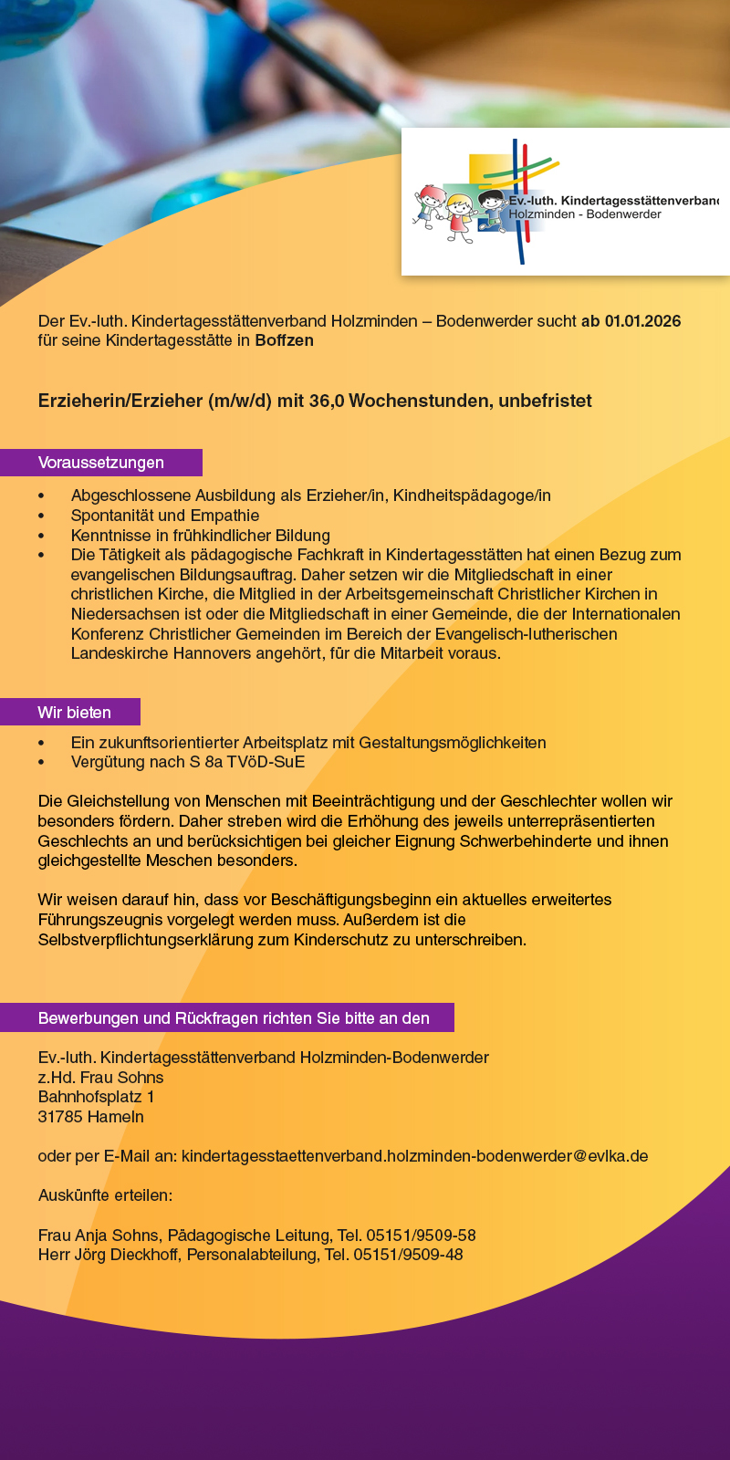 Erzieher/in (m/w/d) für die Kindertagesstätte in Boffzen - Ev.-luth. Kindertagesstättenverband Holzminden-Bodenwerder