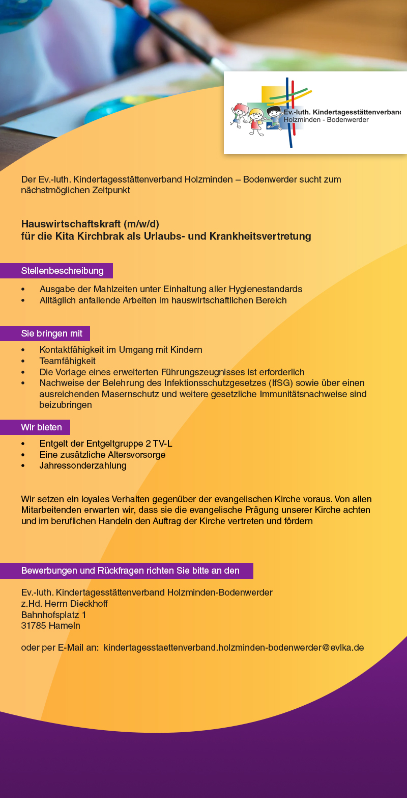 Hauswirtschaftskraft (m/w/d) in der Kindertagesstätte Kirchbrak - Ev.-luth. Kindertagesstättenverband Holzminden-Bodenwerder