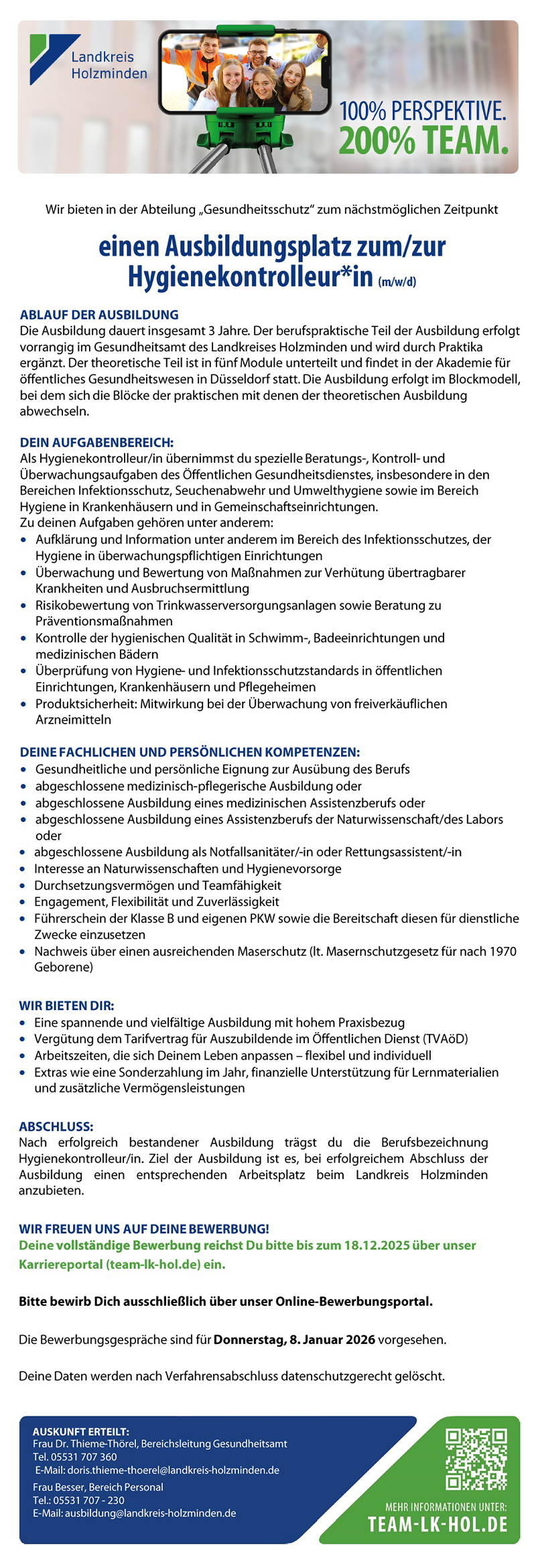 Ausbildungsplatz zum/zur Hygienekontrolleur*in (m/w/d) - Landkreis Holzminden