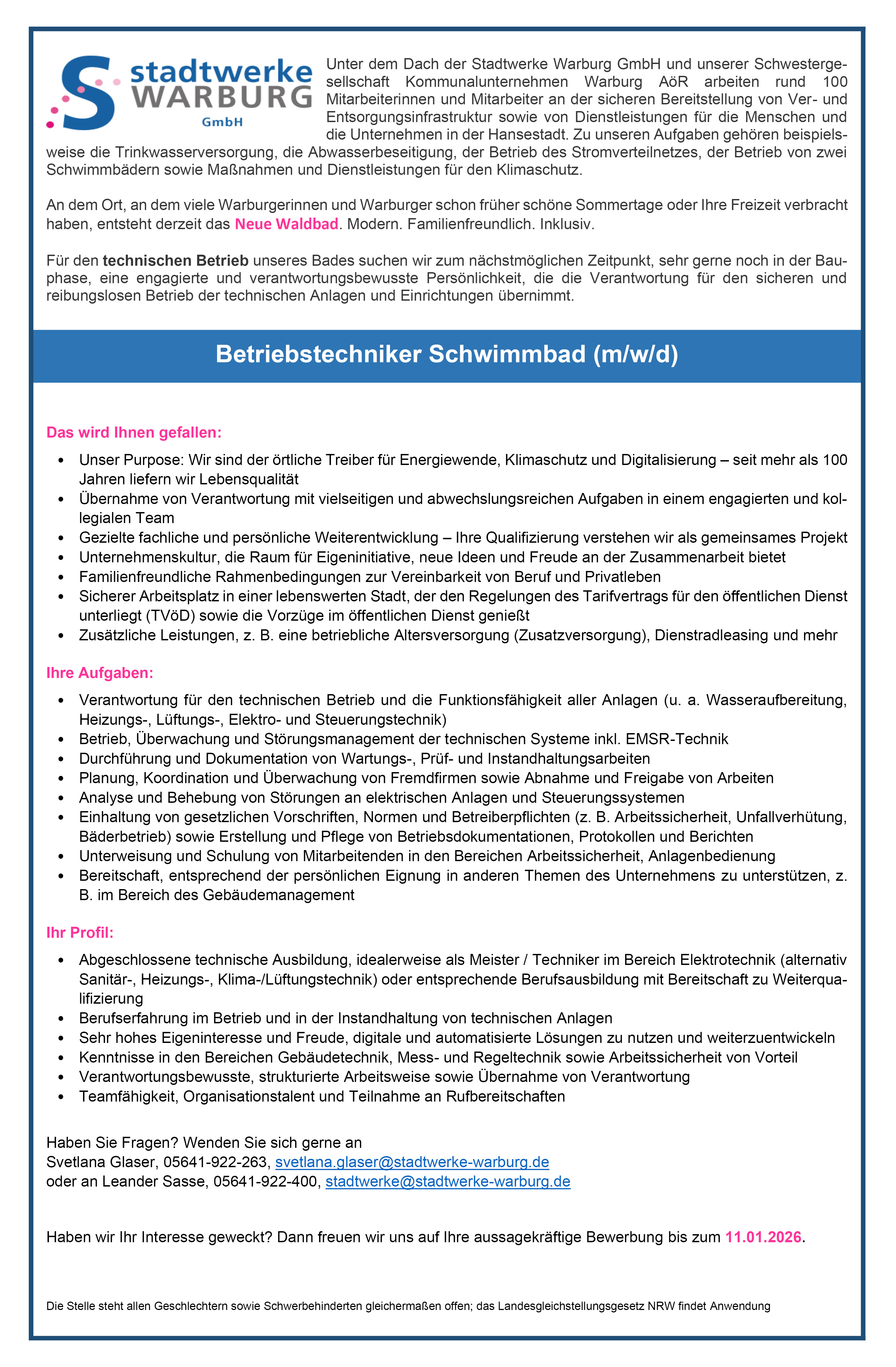  Betriebstechniker/in Schwimmbad (m/w/d) - Stadtwerke Warburg