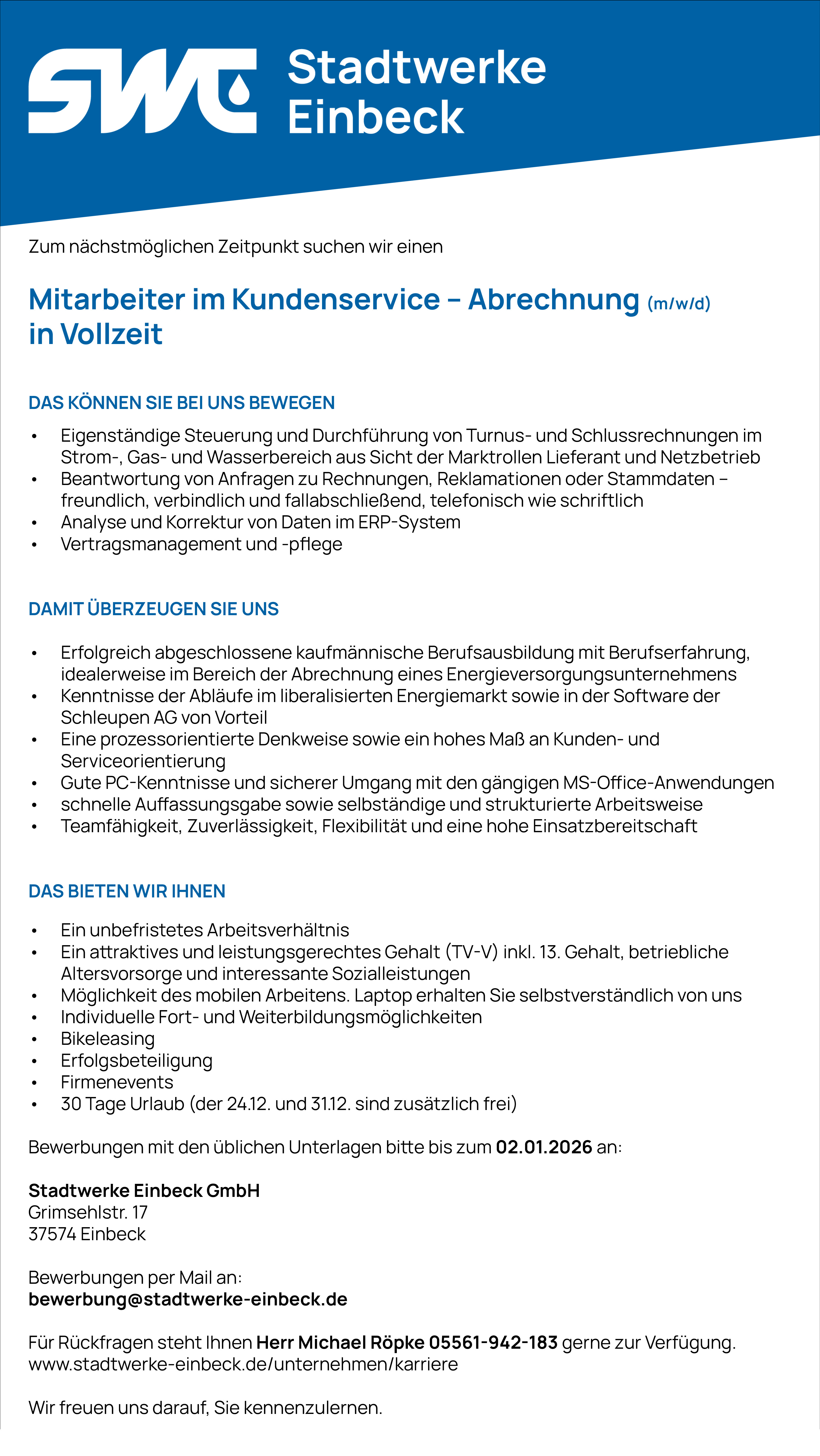 Mitarbeiter/in im Kundenservice - Abrechnung (m/w/d) - Stadtwerke Einbeck GmbH