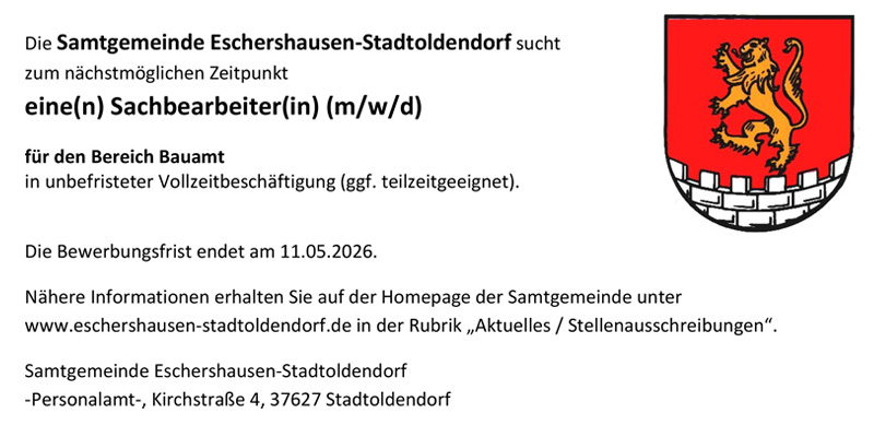 Sachbearbeiter/-in (m/w/d) für den Bereich Bauamt - Samtgemeinde Eschershausen - Stadtoldendorf
