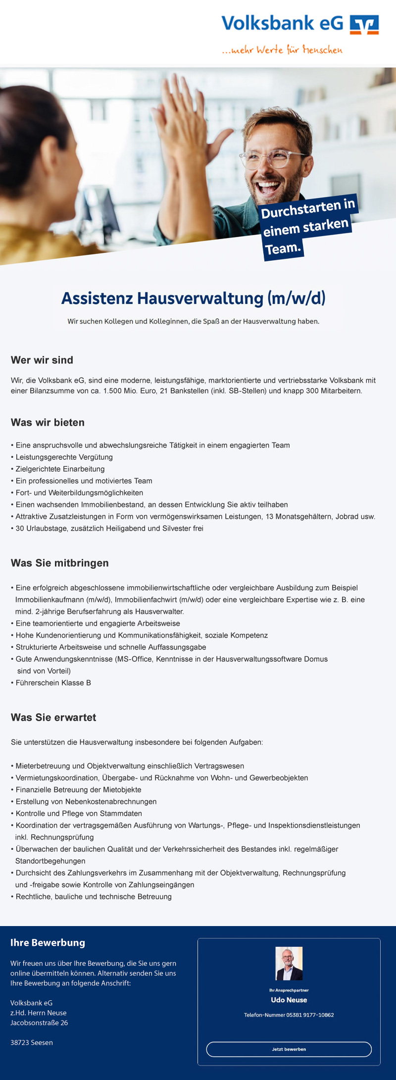 Assistenz Hausverwaltung (m/w/d) - Volksbank eG 