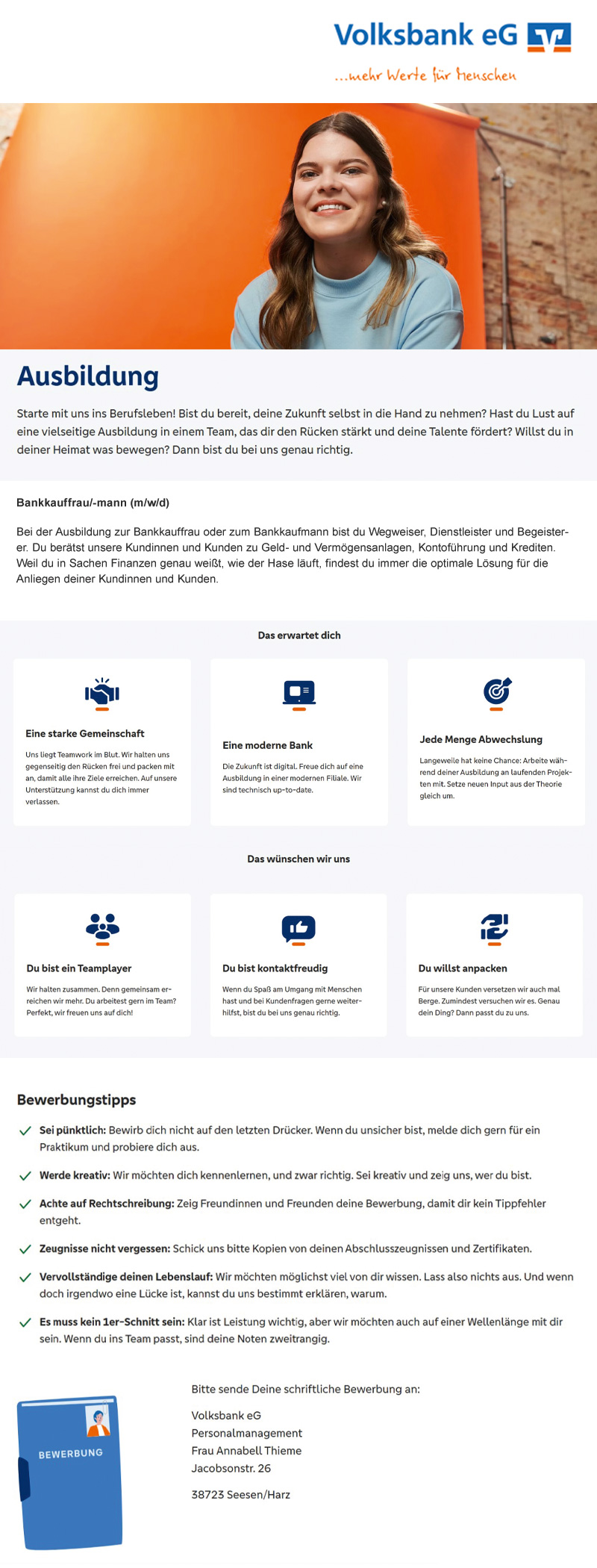 Ausbildung zur/zum Bankkauffrau/-mann (m/w/d) - Volksbank eG 