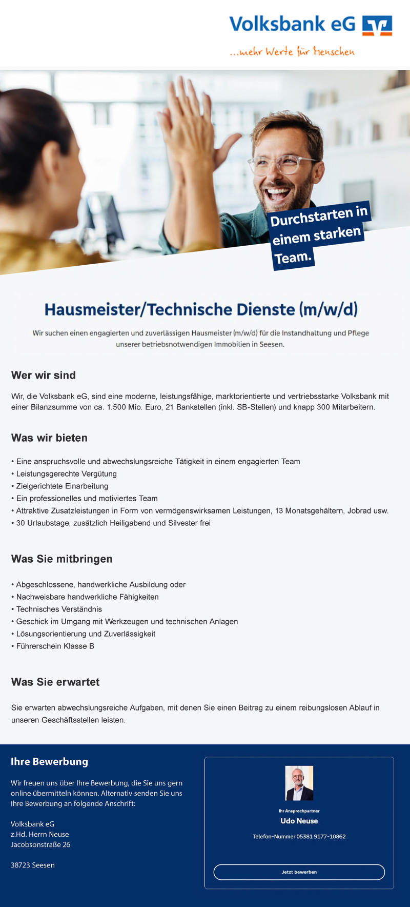 Hausmeister/in / Technische Dienste (m/w/d) - Volksbank eG 