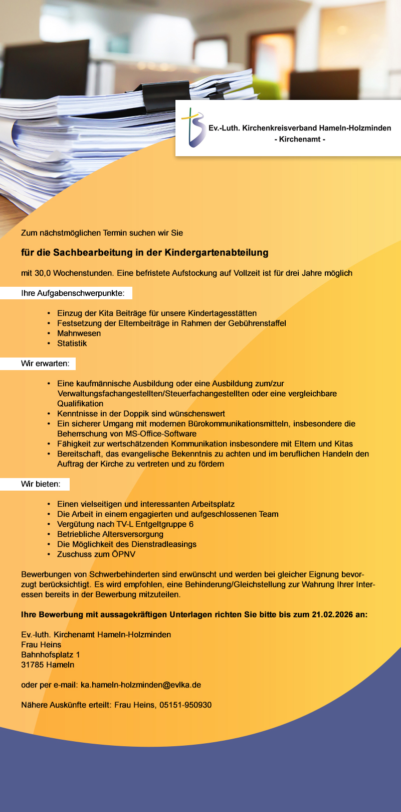 Sachbearbeitung in der Kindergartenabteilung (m/w/d) - Kirchenkreis Holzminden-Bodenwerder
