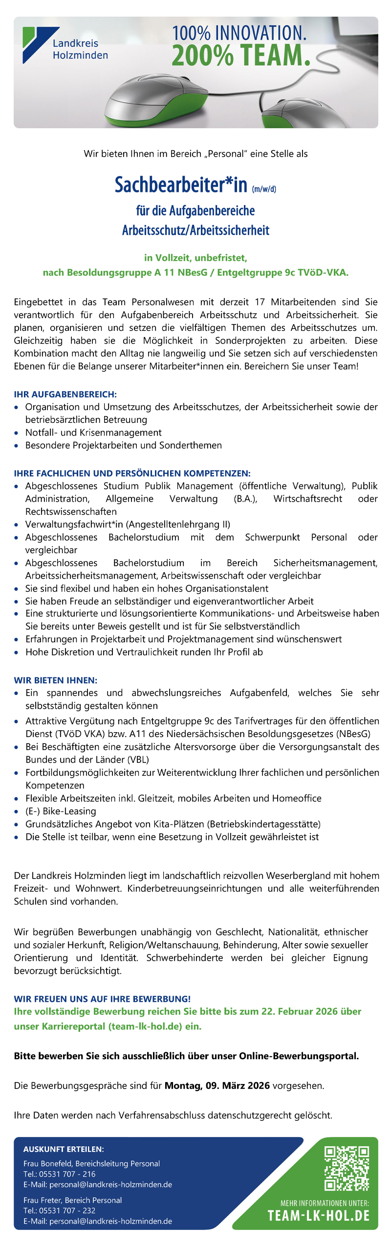Sachbearbeiter/in für die Aufgabenbereiche Arbeitsschutz/Arbeitssicherheit (m/w/d) - Landkreis Holzminden