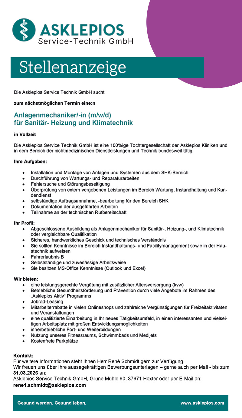 Anlagenmechaniker/in für Sanitär- Heizung und Klimatechnik (w/m/d)  - Asklepios Weserbergland-Klinik