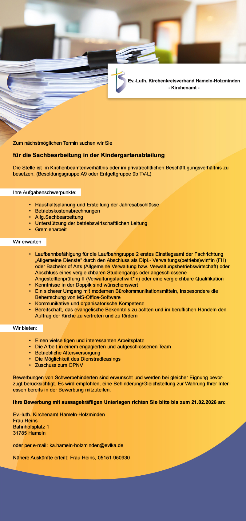 Sachbearbeitung in der Kindergartenabteilung (m/w/d) - Kirchenkreis Holzminden-Bodenwerder
