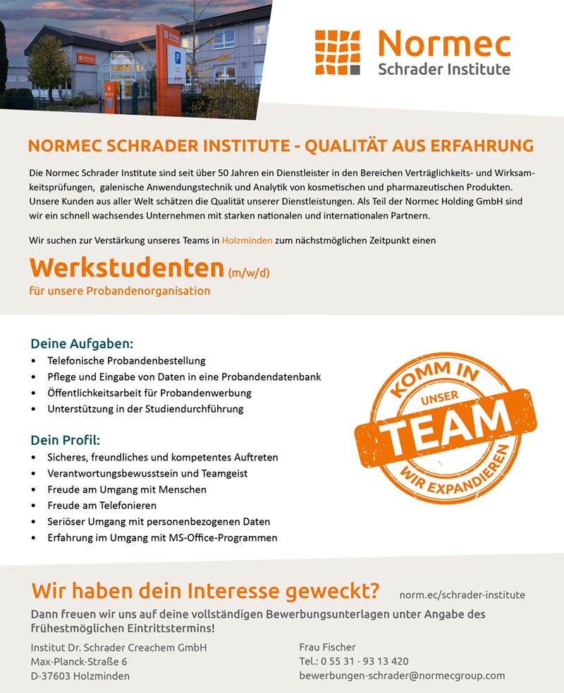Werkstudenten für die Probandenorganisation (m/w/d) - Normec Schrader Institute