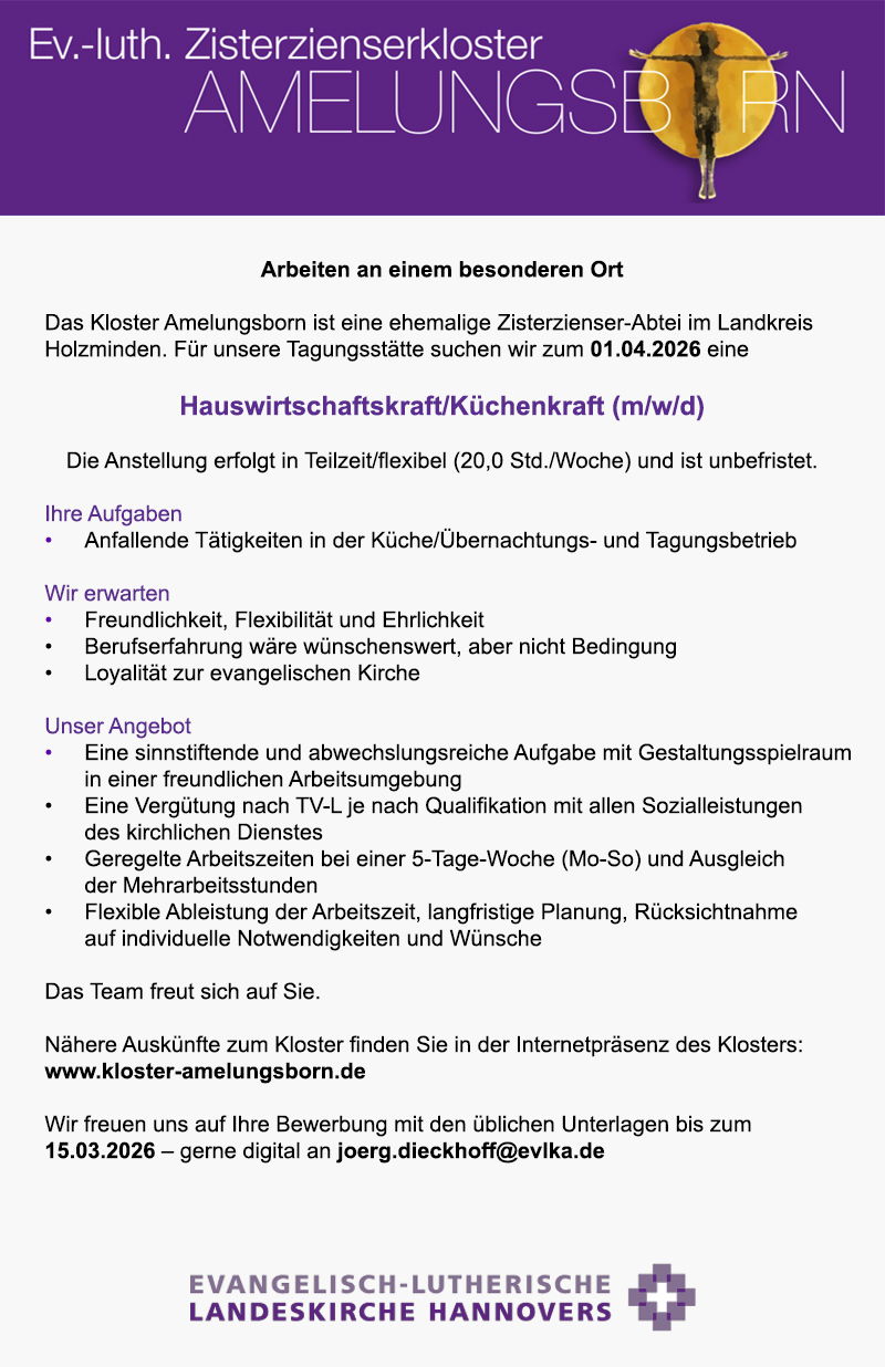 Hauswirtschaftskraft/Küchenkraft (m/w/d) - Ev.-luth. Zisterzienserkloster Amelungsborn