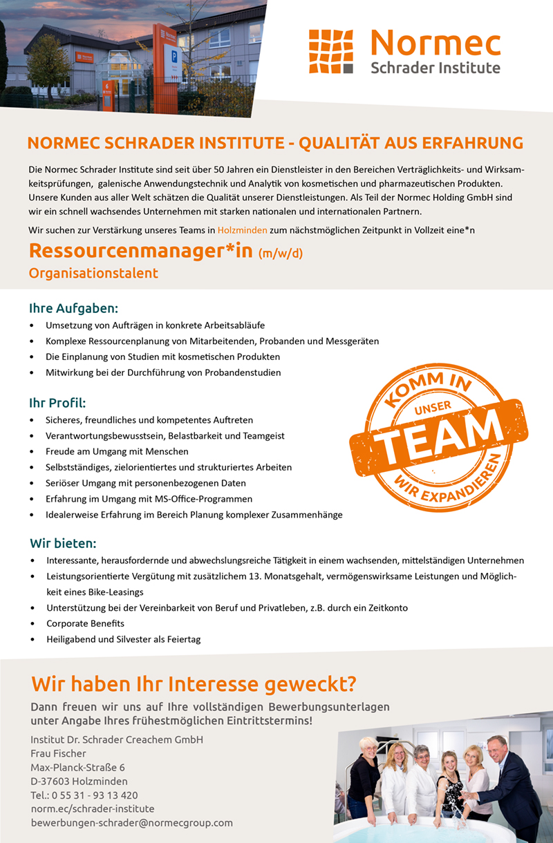 Ressourcenmanager/in (m/w/d) - Normec Schrader Institute