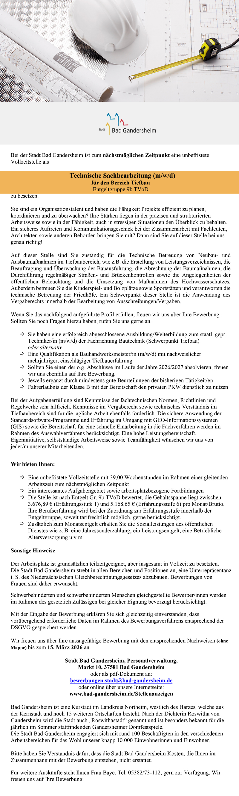 Technische Sachbearbeitung (m/w/d) - Stadt Bad Gandersheim 