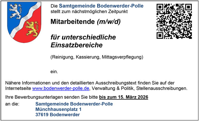 Mitarbeitende für unterschiedliche Einsatzbereiche (m/w/d) - Samtgemeinde Bodenwerder-Polle 