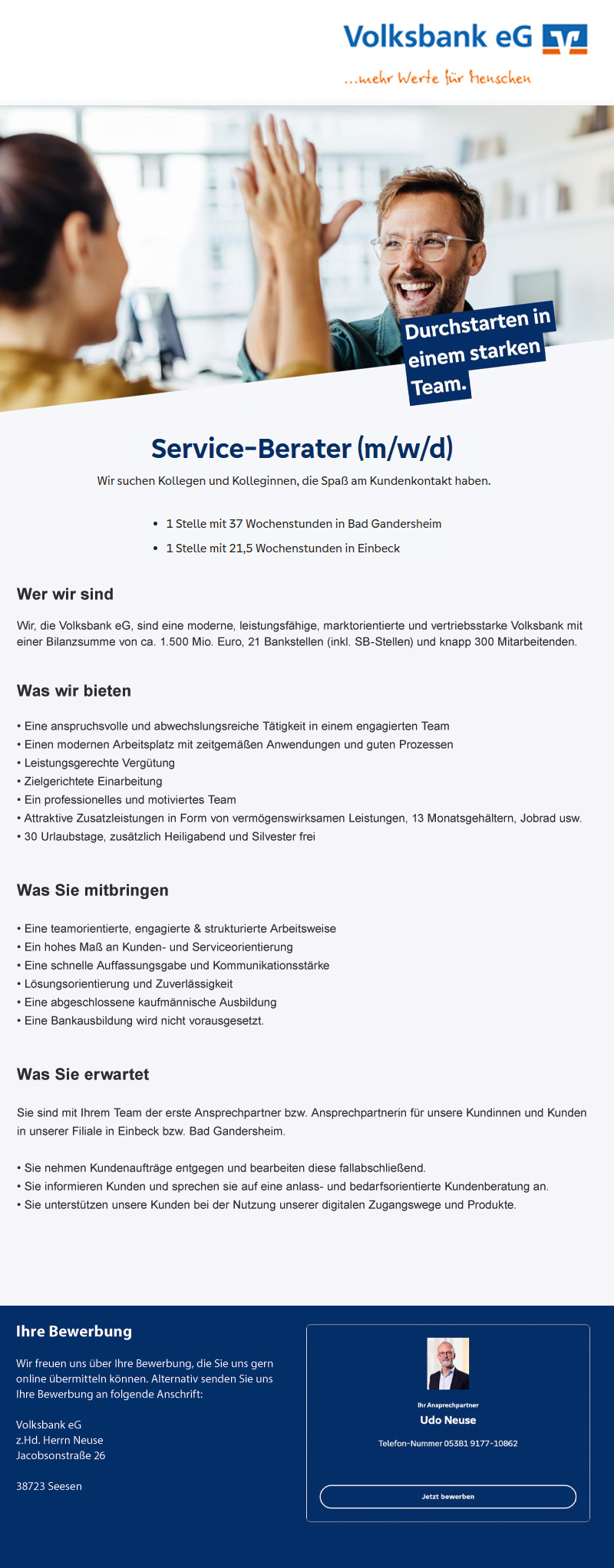 Service-Berater (m/w/d) - VR-Bank in Südniedersachsen eG