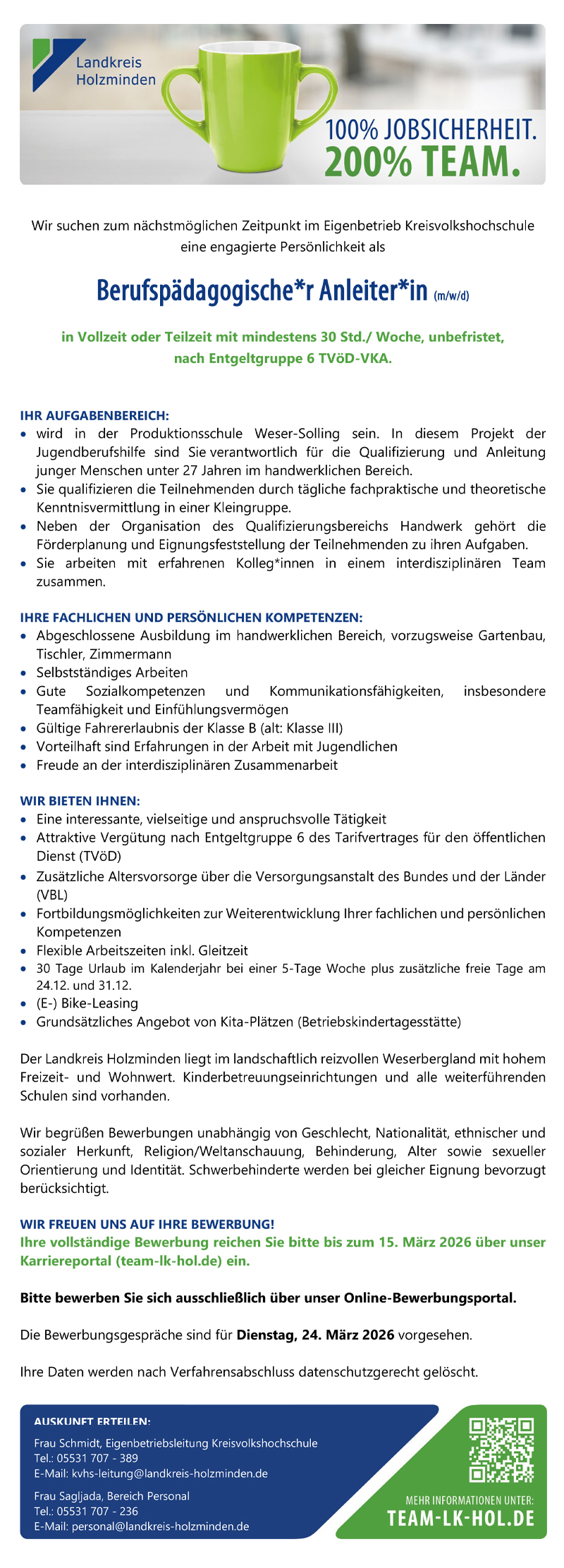 Berufspädagogische/r Anleiter/in (m/w/d) -  Landkreis Holzminden