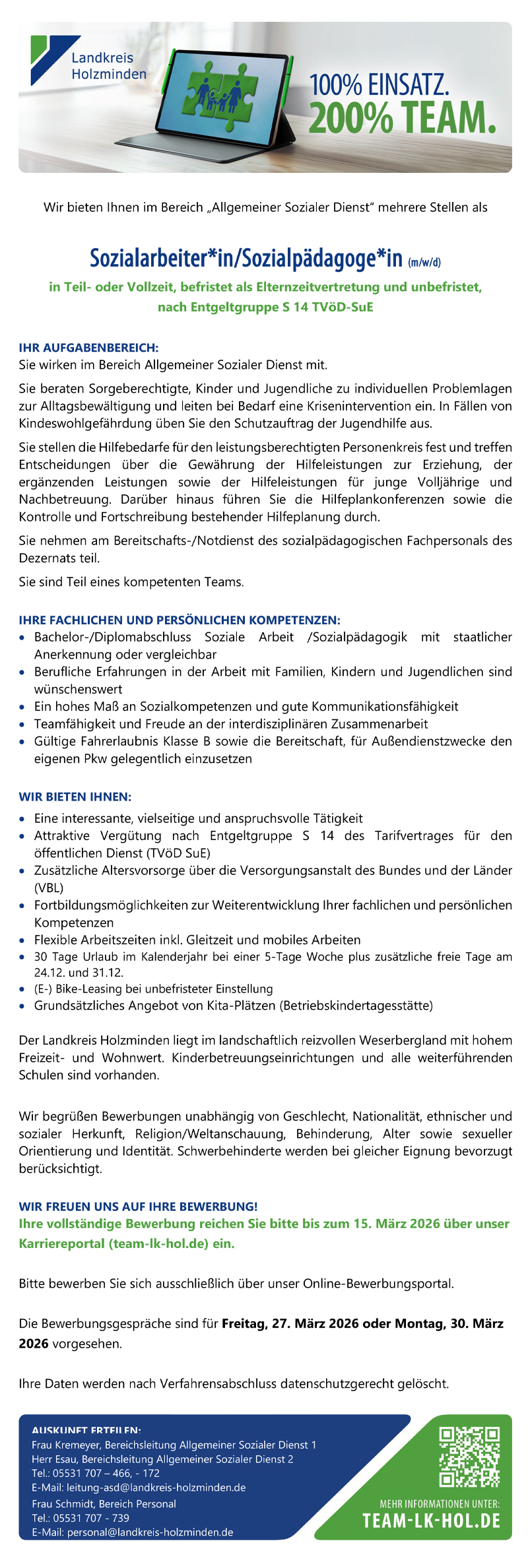 Sozialarbeiter/in, Sozialpädagoge/in (m/w/d) -  Landkreis Holzminden