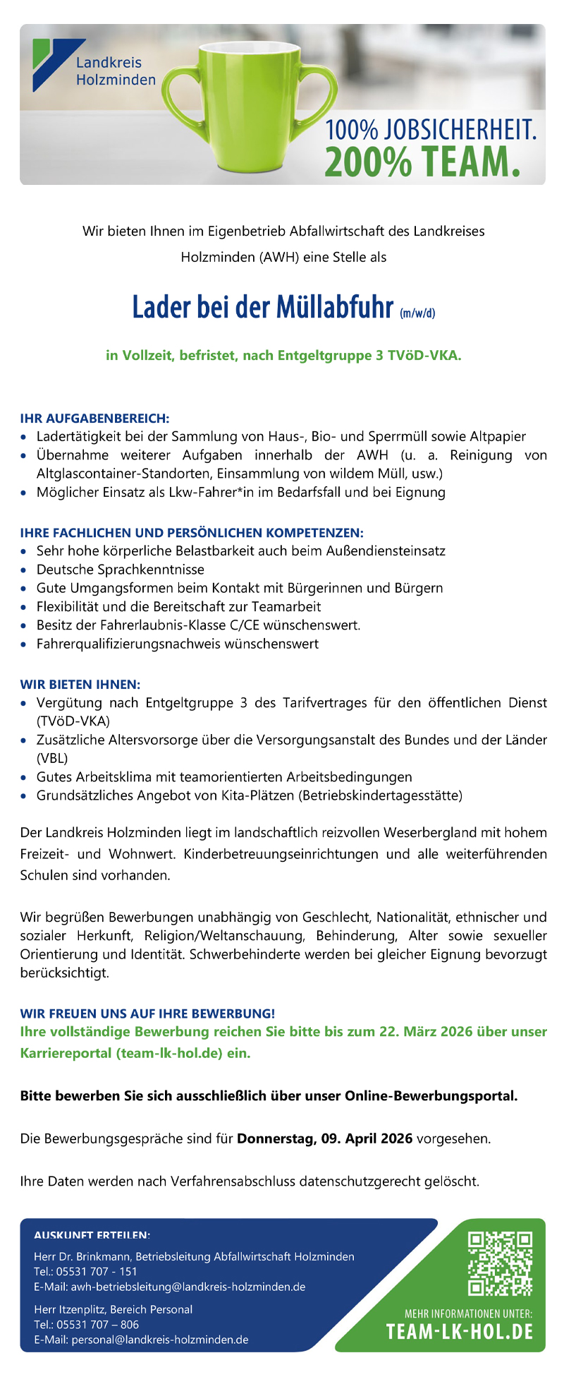 Lader/in bei der Müllabfuhr (m/w/d) -  Landkreis Holzminden