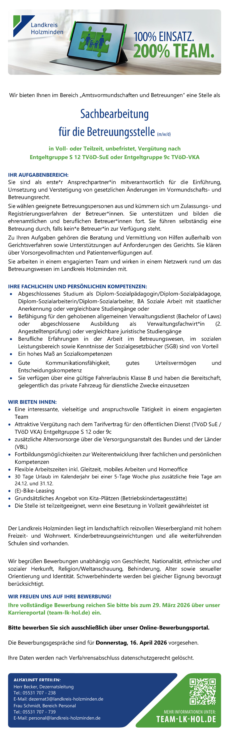 Sachbearbeitung für die Betreuungsstelle (m/w/d) -  Landkreis Holzminden