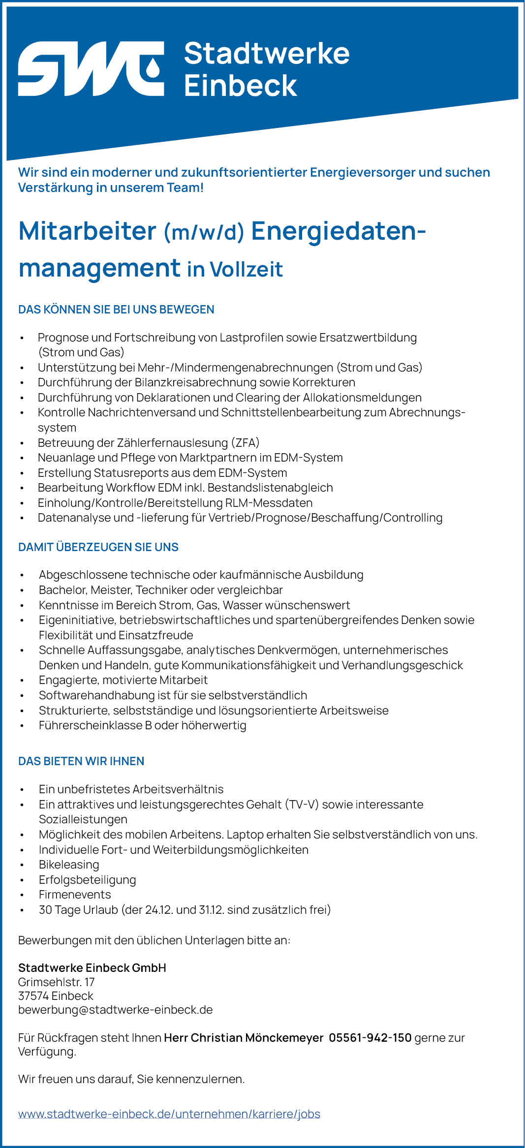 Mitarbeiter (m/w/d) Energiedatenmanagement in Vollzeit  - Stadtwerke Einbeck GmbH