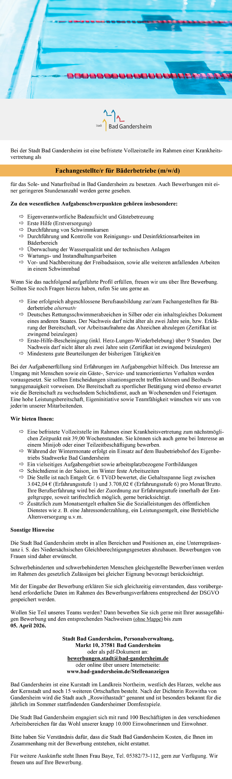Fachangestellte/r für Bäderbetriebe (m/w/d) - Stadt Bad Gandersheim