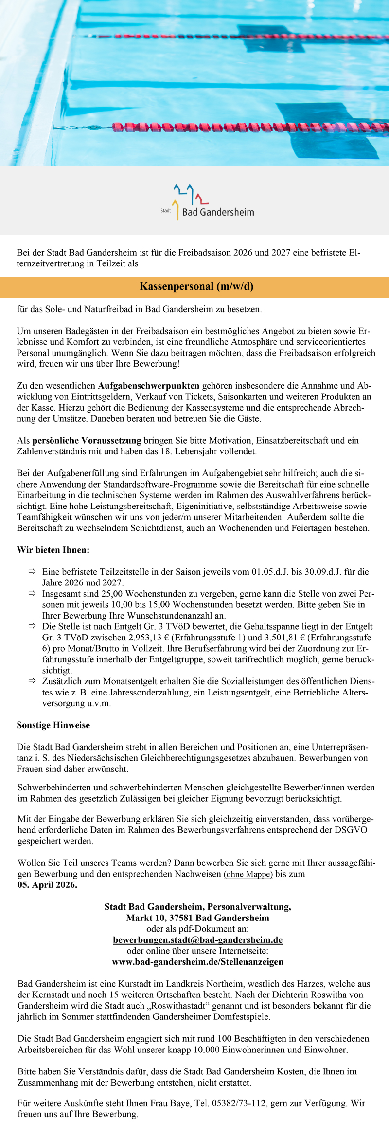Kassenpersonal im Sole- und Naturfreibad (m/w/d) - Stadt Bad Gandersheim