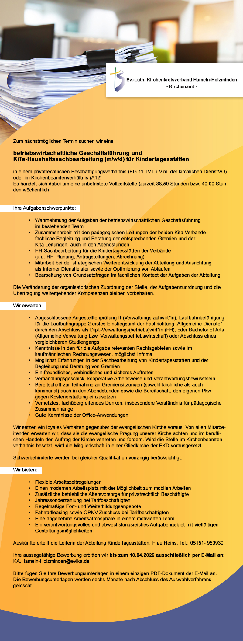 betriebswirtschaftliche Geschäftsführung und KiTa-Haushaltssachbearbeitung (m/w/d) -  Ev.-Luth. Kirchenkreisverband Hameln-Holzminden - Kirchenamt - 
