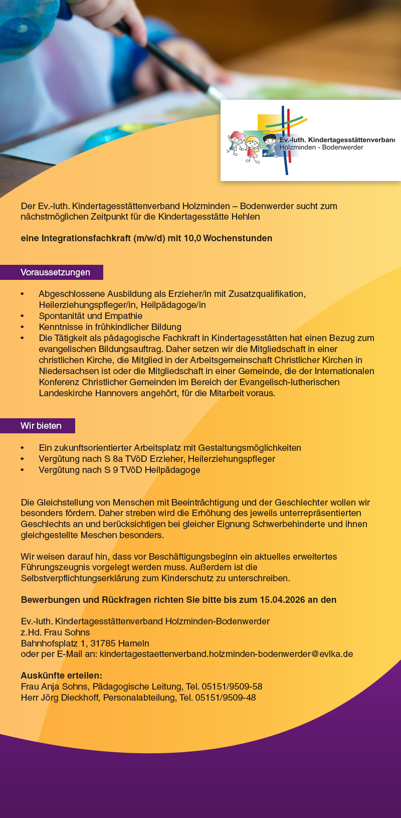 eine Integrationsfachkraft (m/w/d) - Ev.-luth. Kindertagesstättenverband Holzminden-Bodenwerder 