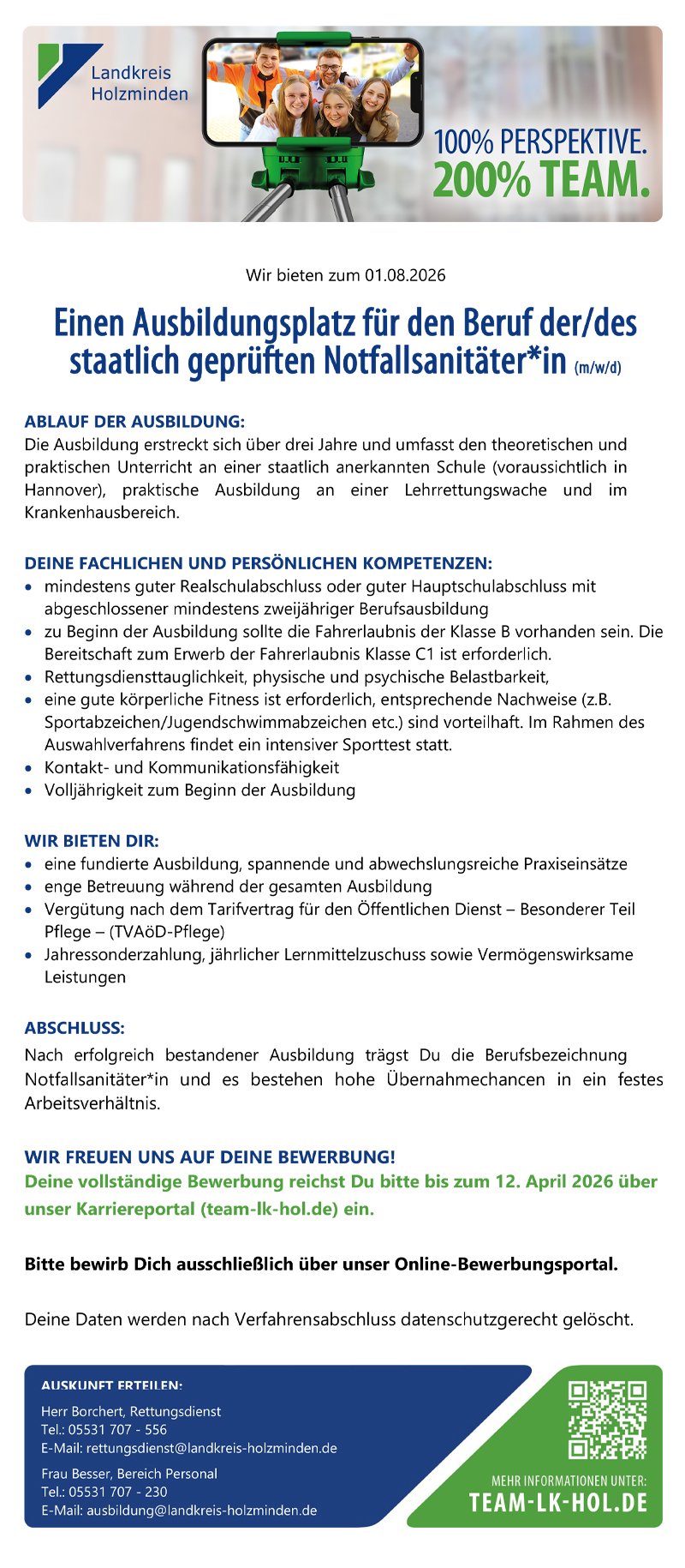 einen Ausbildungsplatz für den Beruf der/des staatlich geprüften Notfallsanitäter/in (m/w/d) -  Landkreis Holzminden