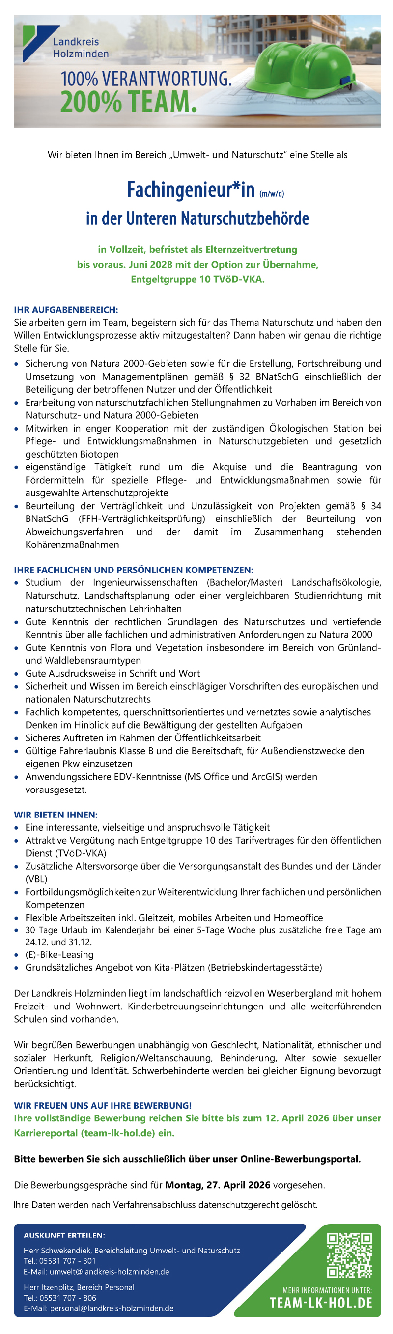 Fachingenieur/in in der Unteren Naturschutzbehörde (m/w/d) -  Landkreis Holzminden