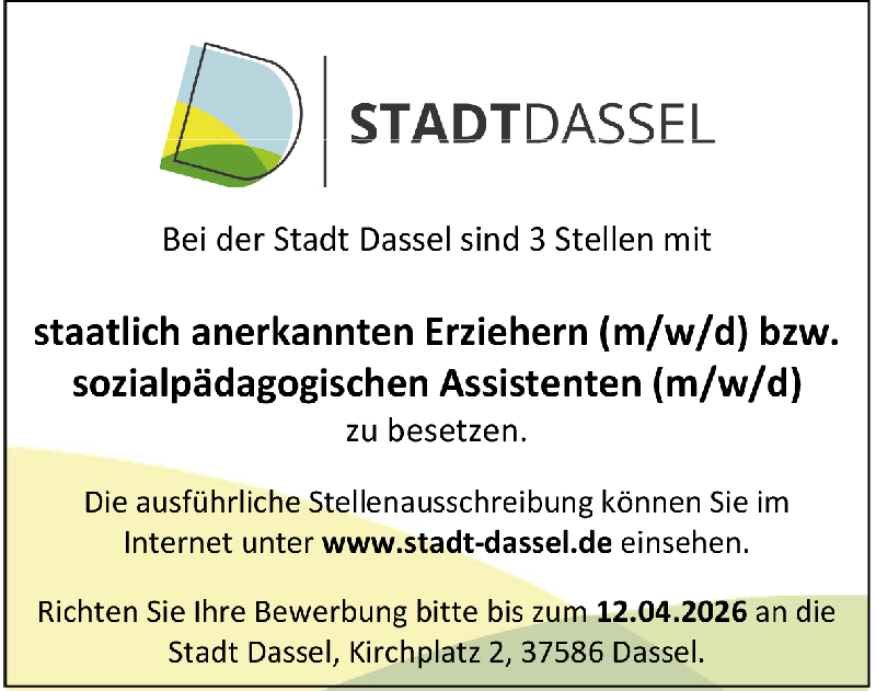 staatlich anerkannte Erzieher (m/w/d) bzw. sozialpädagogische Assistenten (m/w/d) - Stadt Dassel 