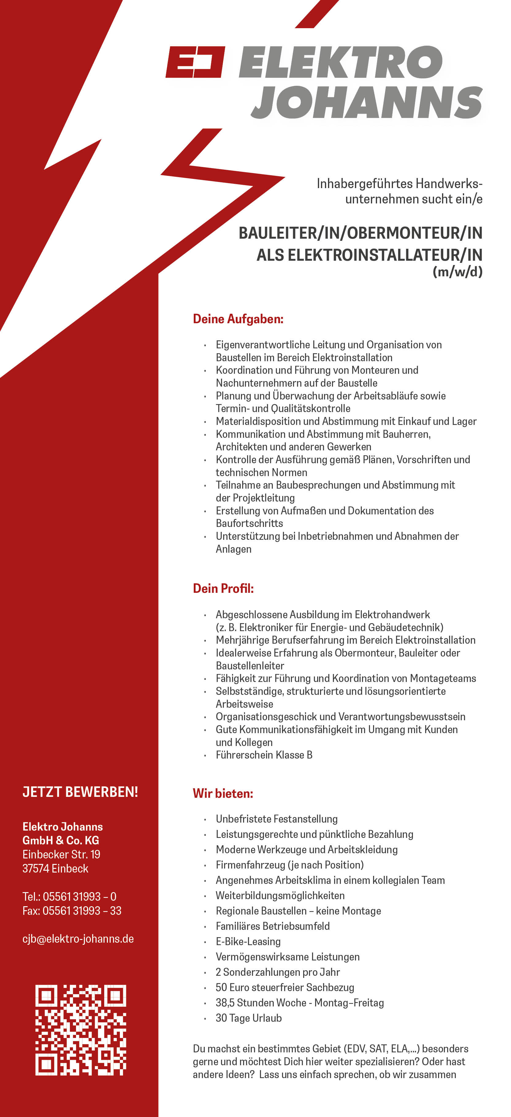 Bauleiter/in/Obermonteur/in als Elektroinstallateur/in (m/w/d) - Elektro Johanns