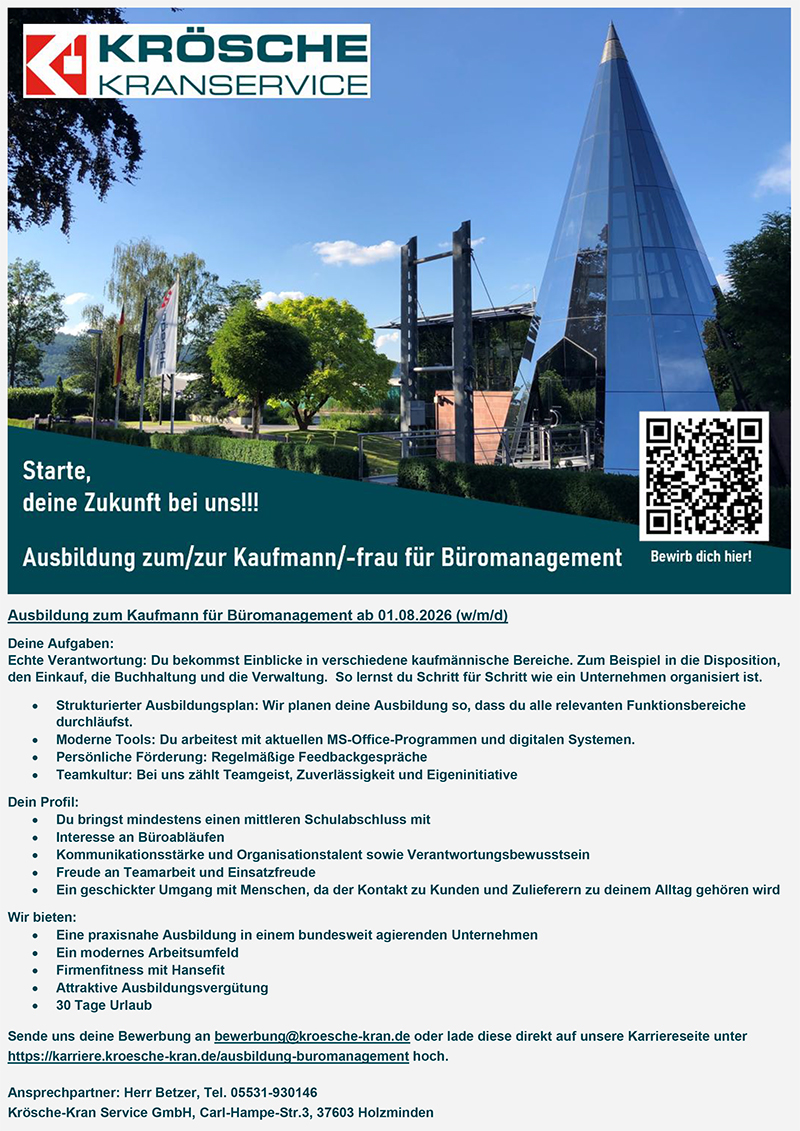 Ausbildung zum/zur Kaufmann/-frau für Büromanagement (m/w/d) - Krösche-Kran Service GmbH