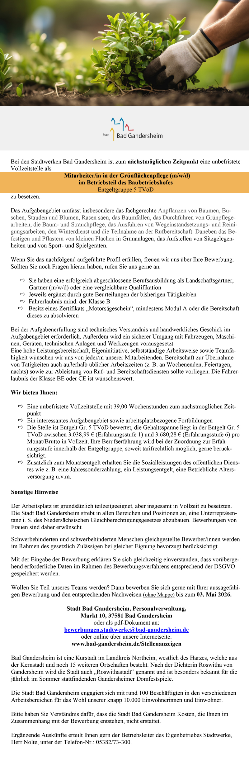 Mitarbeiter/in in der Grünflächenpflege (m/w/d) - Stadt Bad Gandersheim