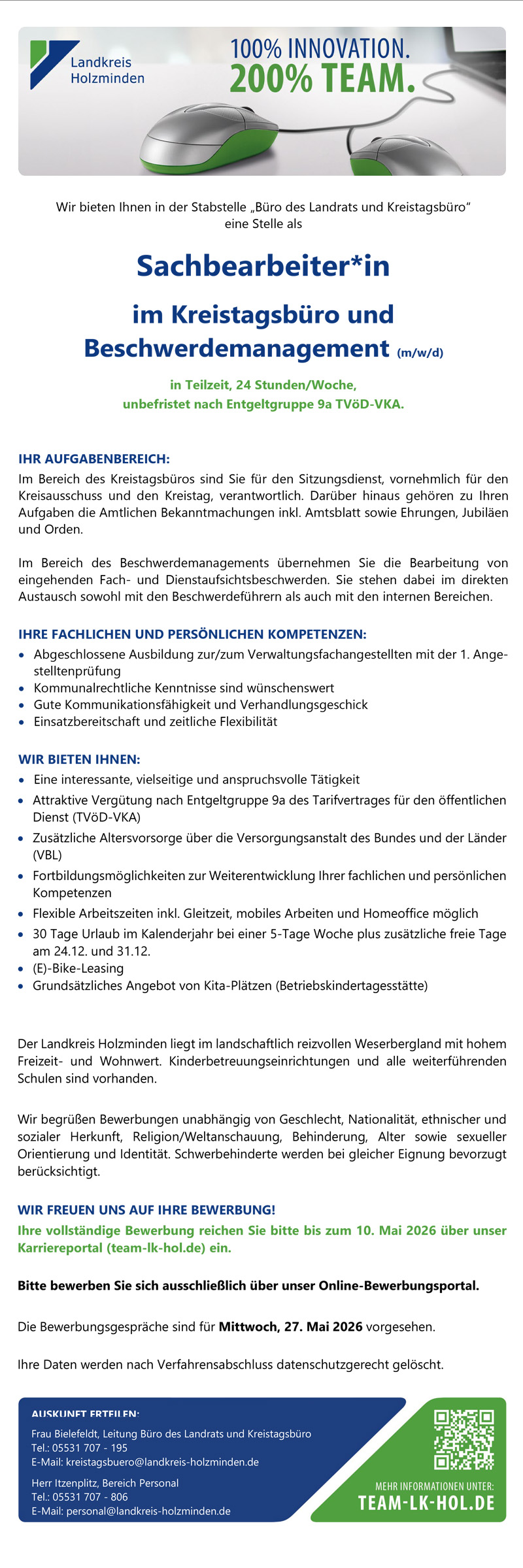 Sachbearbeiter/in (m/w/d) im Kreistagsbüro und Beschwerdemanagement - Landkreis Holzminden