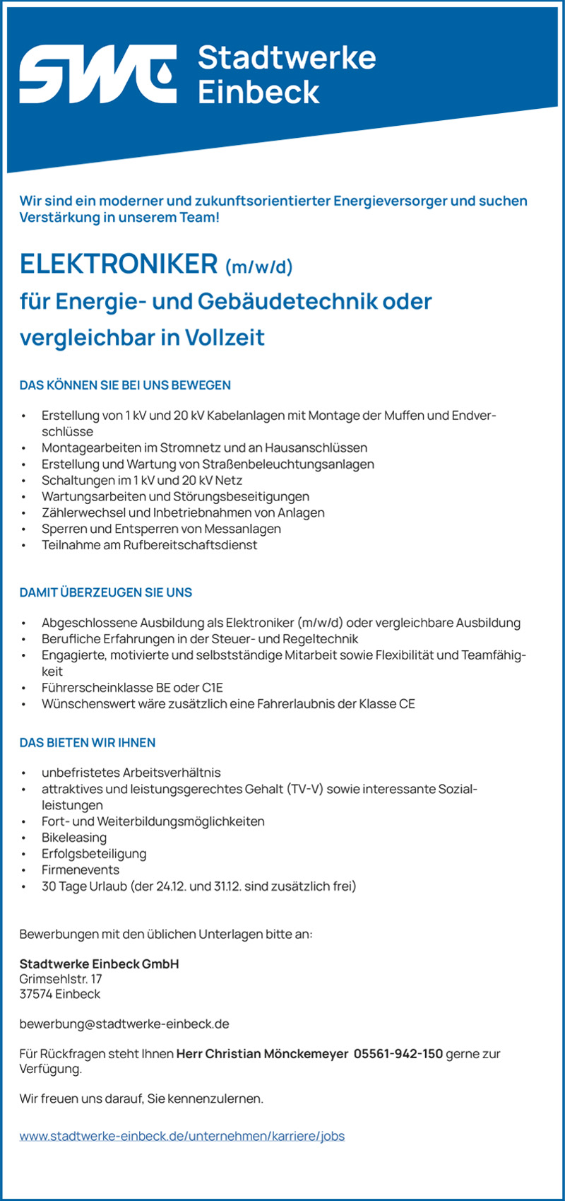 Elektroniker (w/m/d) - Stadtwerke Einbeck GmbH 