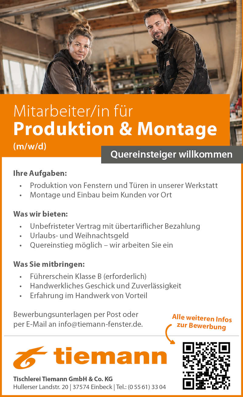 Mitarbeiter/-in für Produktion & Montage (m/w/d) - Tischlerei Tiemann 