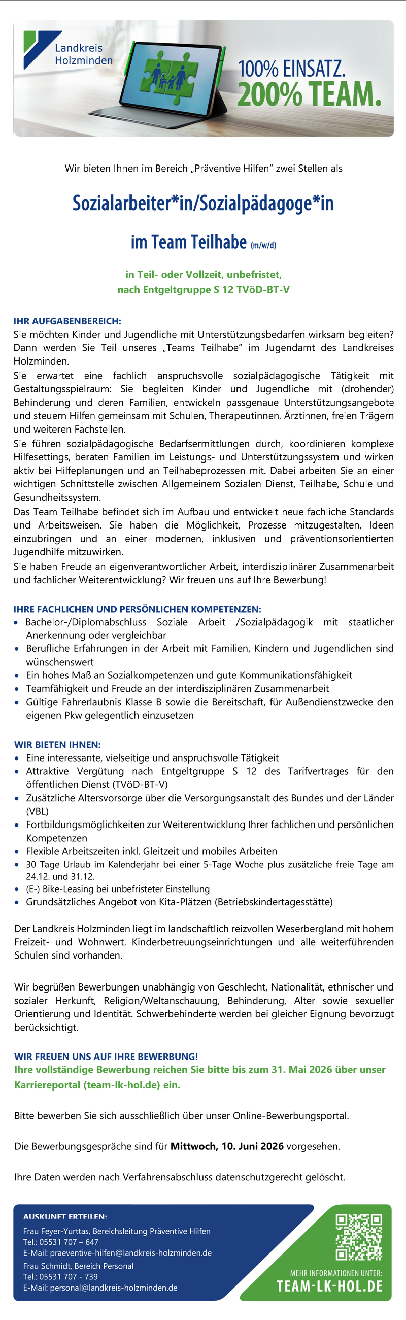 Sozialarbeiter/in, Sozialpädagoge/in im Team Teilhabe (m/w/d) - Landkreis Holzminden