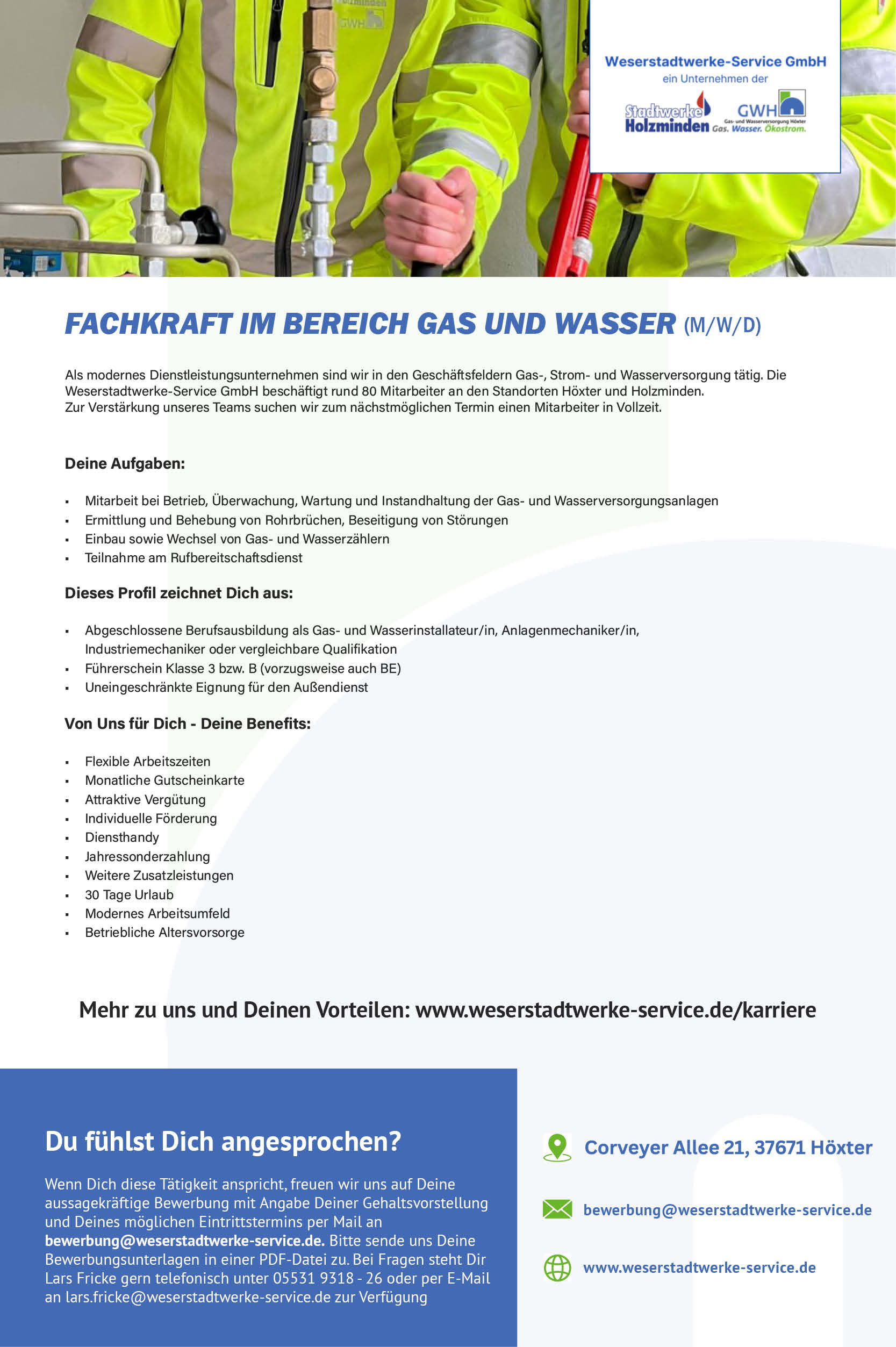 Fachkraft im Bereich Gas und Wasser (m/w/d) - Weserstadtwerke Service GmbH