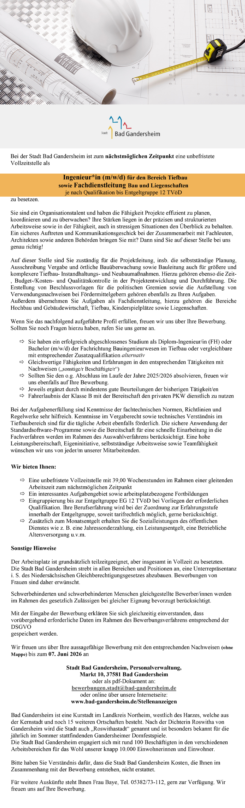 Ingenieur/in für den Bereich Tiefbau sowie Fachdienstleitung Bau und Liegenschaften  (m/w/d) - Stadt Bad Gandersheim