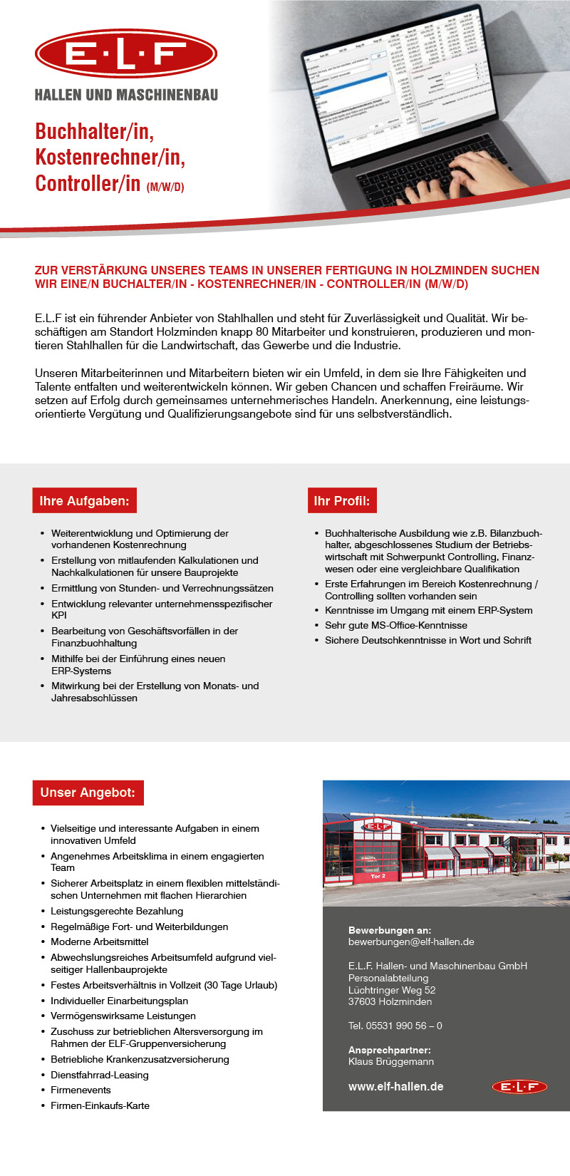 Buchhalter/in, Controller/in, Kostenrechner/in (m/w/d) - E.L.F. Hallen- und Maschinenbau GmbH