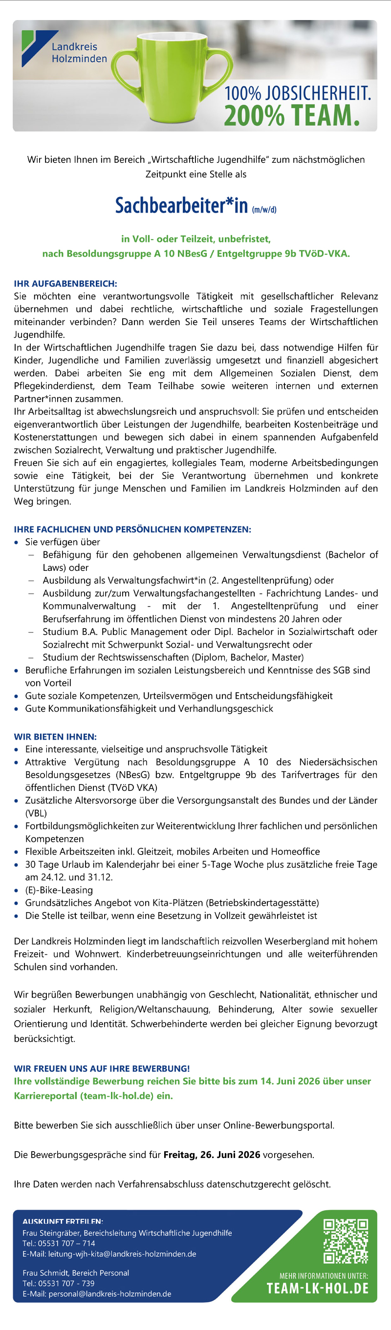 Sachbearbeiter/in im Bereich Wirtschaftliche Jugendhilfe (m/w/d) - Landkreis Holzminden