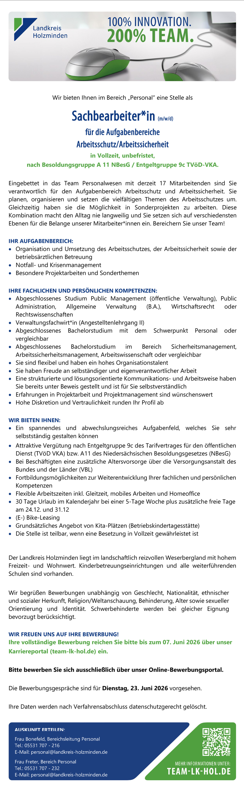 Sachbearbeiter/in für die Aufgabenbereiche Arbeitsschutz/Arbeitssicherheit (m/w/d) - Landkreis Holzminden