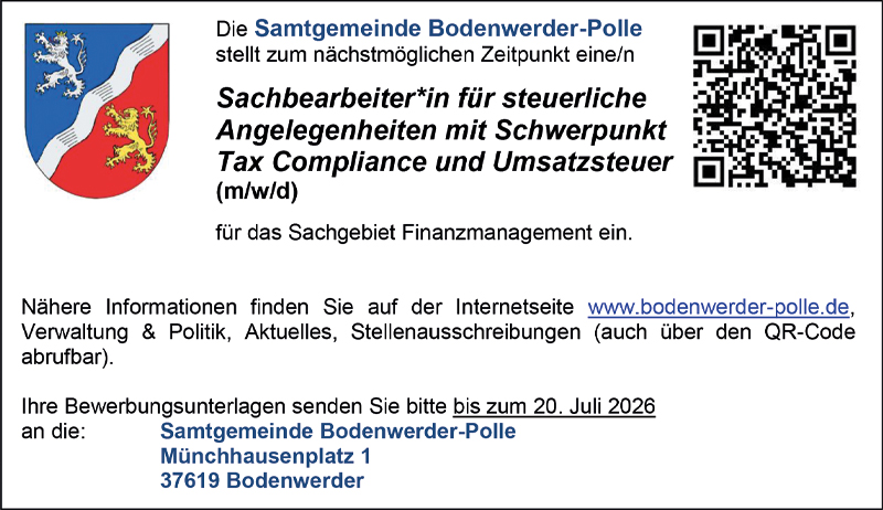 Sachbearbeiter/in für steuerliche Angelegenheiten mit Schwerpunkt Tax Compliance und Umsatzsteuer (m/w/d) - Samtgemeinde Bodenwerder-Polle