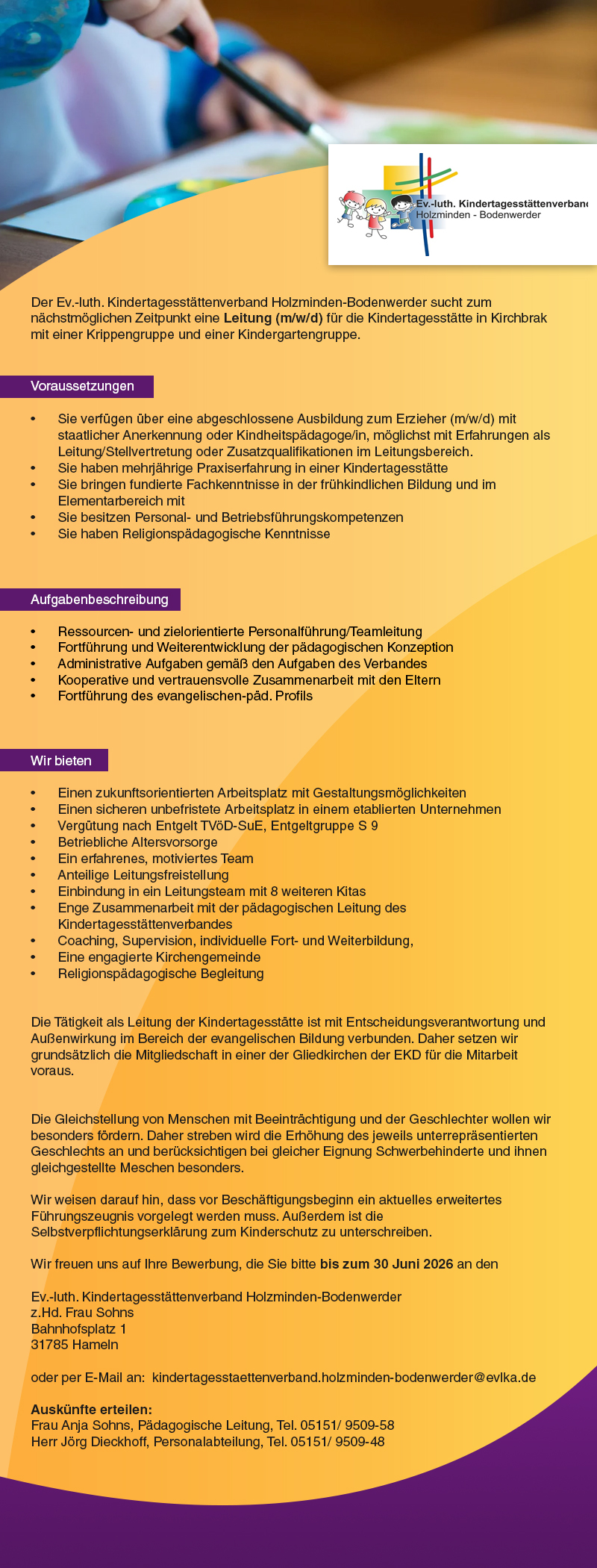 Leitung für die Kindertagesstätte Kirchbrak (m/w/d) -  Ev.-Luth. Kirchenkreisverband Hameln-Holzminden - Kirchenamt