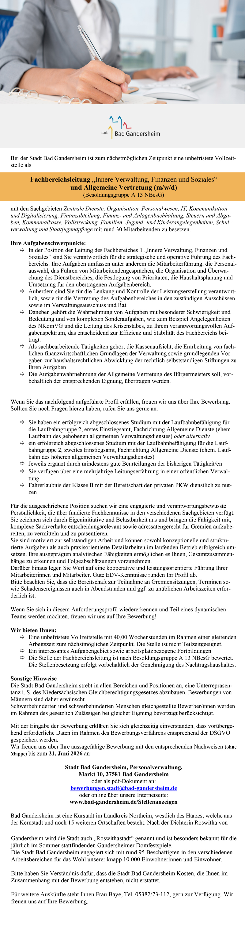 Fachbereichsleitung - Innere Verwaltung, Finanzen und Soziales - und Allgemeine Vertretung (m/w/d) - Stadt Bad Gandersheim