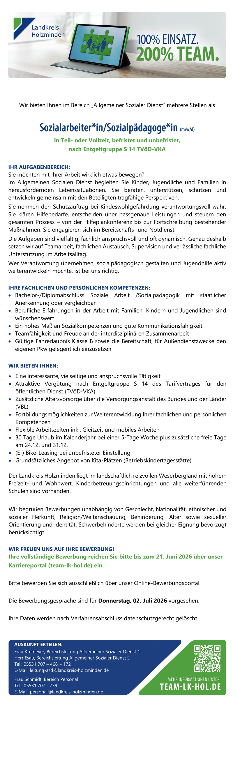 Sozialarbeiter/in / Sozialpädagoge/in (m/w/d) - Landkreis Holzminden