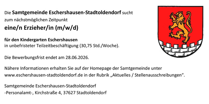Erzieher/-in (m/w/d) - Samtgemeinde Eschershausen - Stadtoldendorf